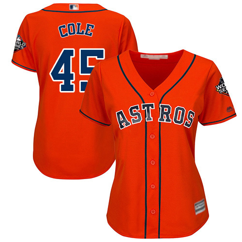 Astros #45 Gerrit Cole Orange Alternate 2019 World Series Bound Women's Stitched Baseball Jersey - Click Image to Close