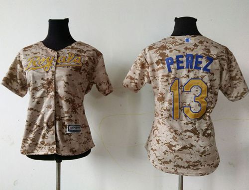 Royals #13 Salvador Perez Camo Women's Fashion Stitched MLB Jersey - Click Image to Close