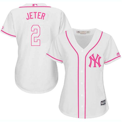 Yankees #2 Derek Jeter White/Pink Fashion Women's Stitched MLB Jersey