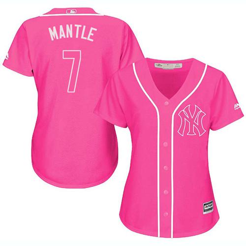 Yankees #7 Mickey Mantle Pink Fashion Women's Stitched MLB Jersey - Click Image to Close