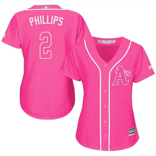 Athletics #2 Tony Phillips Pink Fashion Women's Stitched MLB Jersey - Click Image to Close