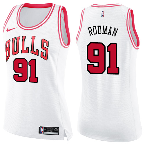 Nike Bulls #91 Dennis Rodman White/Pink Women's NBA Swingman Fashion Jersey - Click Image to Close