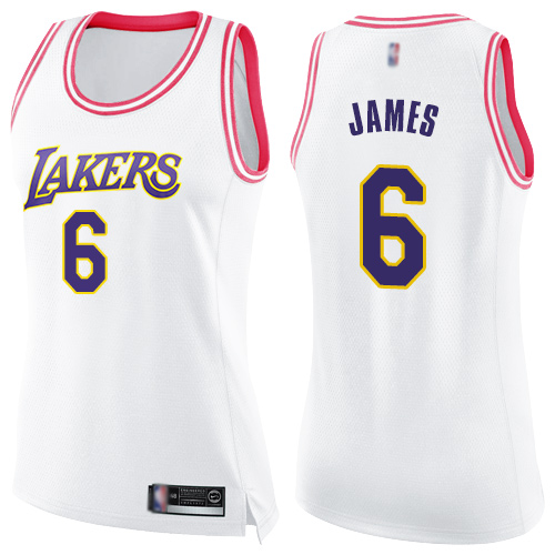 Lakers #6 LeBron James White/Pink Women's Basketball Swingman Fashion Jersey - Click Image to Close