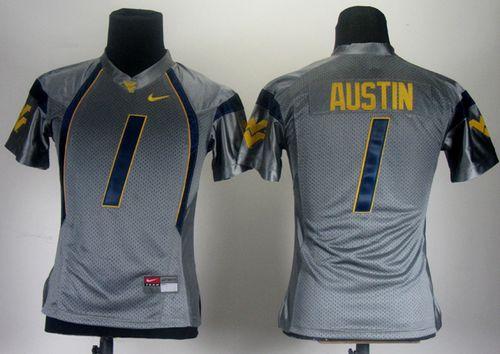 Mountaineers #1 Tavon Austin Grey Women's Stitched NCAA Jersey - Click Image to Close