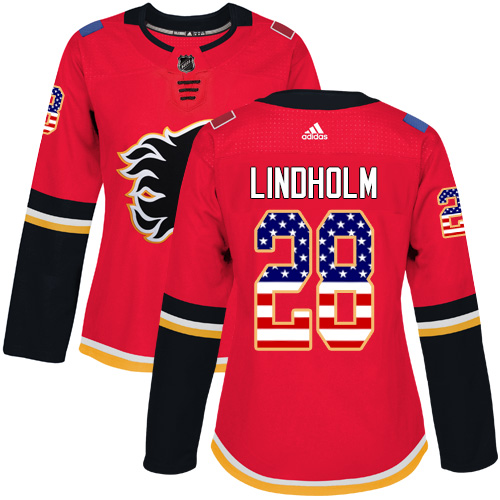 Adidas Flames #28 Elias Lindholm Red Home Authentic USA Flag Women's Stitched NHL Jersey - Click Image to Close