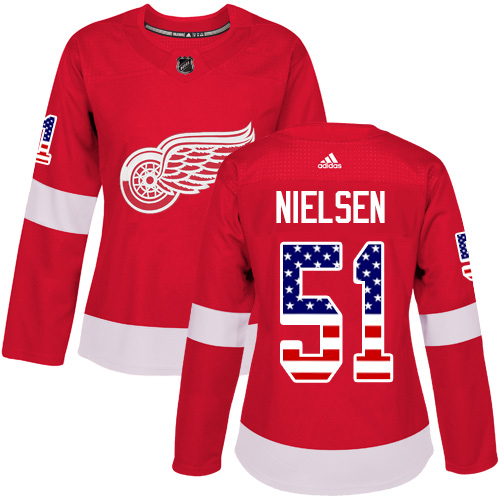 Adidas Red Wings #51 Frans Nielsen Red Home Authentic USA Flag Women's Stitched NHL Jersey - Click Image to Close