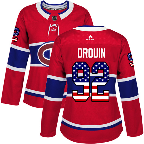 Adidas Canadiens #92 Jonathan Drouin Red Home Authentic USA Flag Women's Stitched NHL Jersey - Click Image to Close