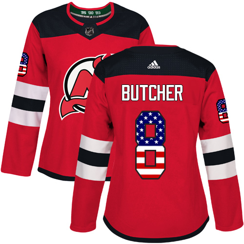 Adidas Devils #8 Will Butcher Red Home Authentic USA Flag Women's Stitched NHL Jersey - Click Image to Close