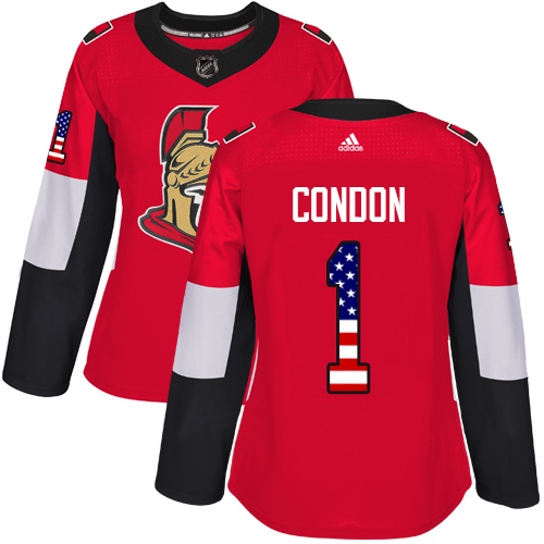 Adidas Senators #1 Mike Condon Red Home Authentic USA Flag Women's Stitched NHL Jersey - Click Image to Close