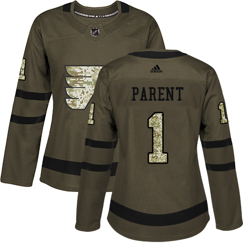 Adidas Flyers #1 Bernie Parent Green Salute to Service Women's Stitched NHL Jersey - Click Image to Close