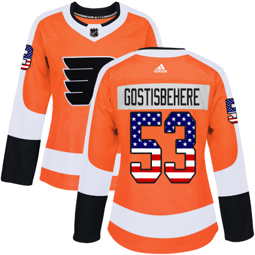 Adidas Flyers #53 Shayne Gostisbehere Orange Home Authentic USA Flag Women's Stitched NHL Jersey - Click Image to Close