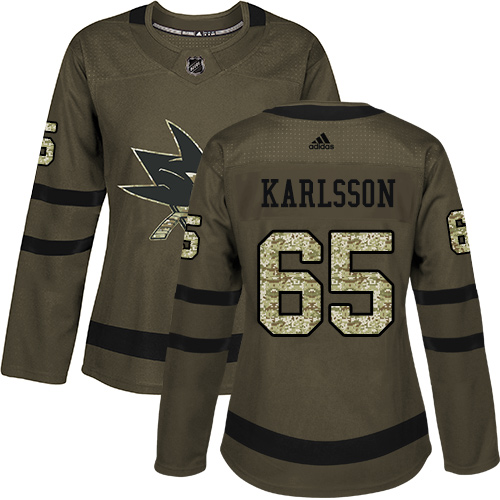 Adidas Sharks #65 Erik Karlsson Green Salute to Service Women's Stitched NHL Jersey - Click Image to Close