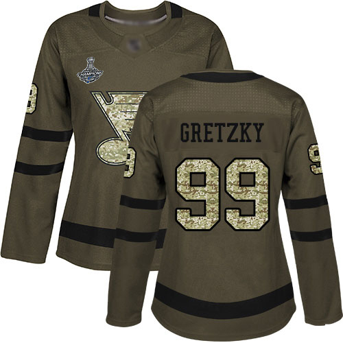 Blues #99 Wayne Gretzky Green Salute to Service Stanley Cup Final Bound Women's Stitched Hockey Jersey - Click Image to Close