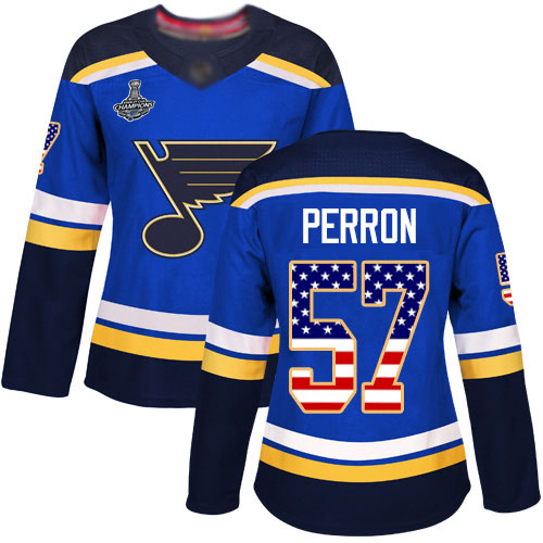 Blues #57 David Perron Blue Home Authentic USA Flag Stanley Cup Final Bound Women's Stitched Hockey Jersey - Click Image to Close