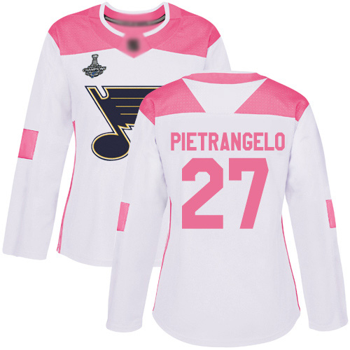 Blues #27 Alex Pietrangelo White/Pink Authentic Fashion Stanley Cup Champions Women's Stitched Hockey Jersey - Click Image to Close