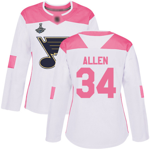 Blues #34 Jake Allen White/Pink Authentic Fashion Stanley Cup Final Bound Women's Stitched Hockey Jersey - Click Image to Close