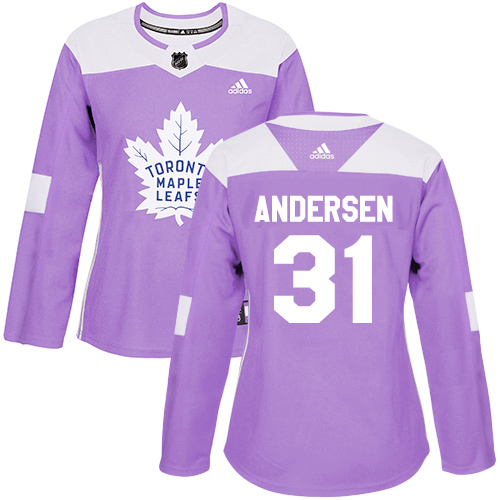 Adidas Maple Leafs #31 Frederik Andersen Purple Authentic Fights Cancer Women's Stitched NHL Jersey - Click Image to Close