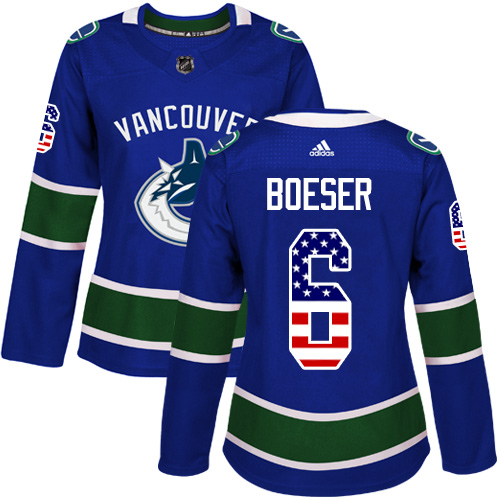 Adidas Canucks #6 Brock Boeser Blue Home Authentic USA Flag Women's Stitched NHL Jersey - Click Image to Close