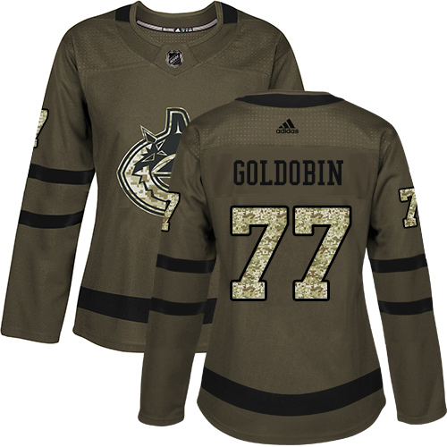 Adidas Canucks #77 Nikolay Goldobin Green Salute to Service Women's Stitched NHL Jersey - Click Image to Close