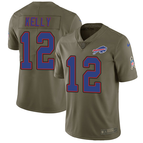 Nike Bills #12 Jim Kelly Olive Youth Stitched NFL Limited 2017 Salute to Service Jersey - Click Image to Close