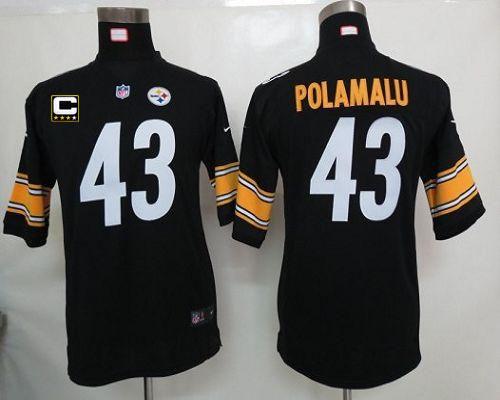 Nike Steelers #43 Troy Polamalu Black Team Color With C Patch Youth Stitched NFL Elite Jersey