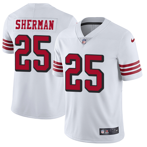 Nike 49ers #25 Richard Sherman White Rush Youth Stitched NFL Vapor Untouchable Limited Jersey - Click Image to Close