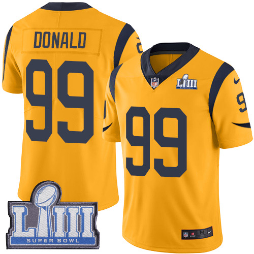 Nike Rams #99 Aaron Donald Gold Super Bowl LIII Bound Youth Stitched NFL Limited Rush Jersey - Click Image to Close