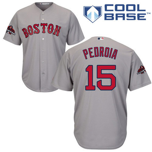 Red Sox #15 Dustin Pedroia Grey Cool Base 2018 World Series Champions Stitched Youth MLB Jersey - Click Image to Close