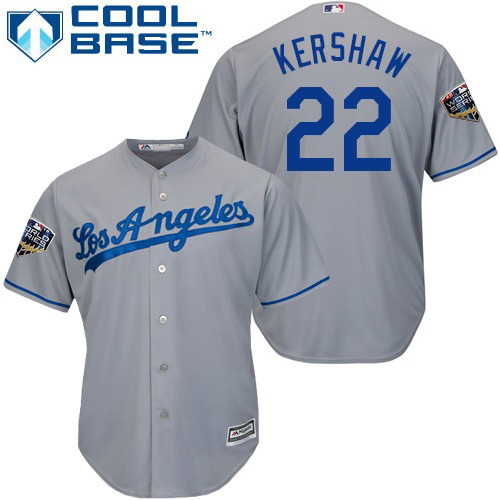 Dodgers #22 Clayton Kershaw Grey Cool Base 2018 World Series Stitched Youth MLB Jersey - Click Image to Close