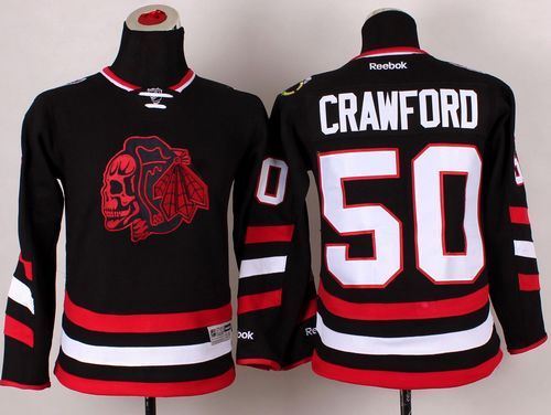 Blackhawks #50 Corey Crawford Black(Red Skull) 2014 Stadium Series Stitched Youth NHL Jersey - Click Image to Close