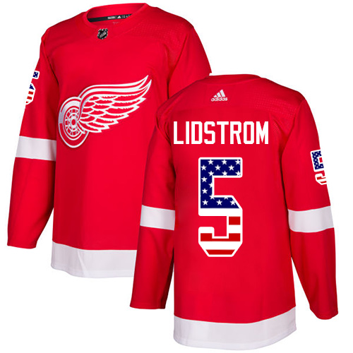 Adidas Red Wings #5 Nicklas Lidstrom Red Home Authentic USA Flag Stitched Youth NHL Jersey - Click Image to Close