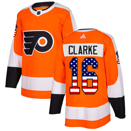 Adidas Flyers #16 Bobby Clarke Orange Home Authentic USA Flag Stitched Youth NHL Jersey - Click Image to Close