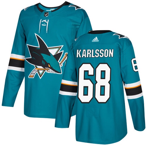 Adidas Sharks #68 Melker Karlsson Teal Home Authentic Stitched Youth NHL Jersey - Click Image to Close