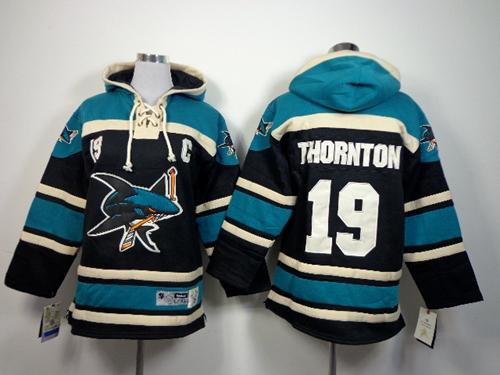 Sharks #19 Joe Thornton Black Sawyer Hooded Sweatshirt Stitched Youth NHL Jersey